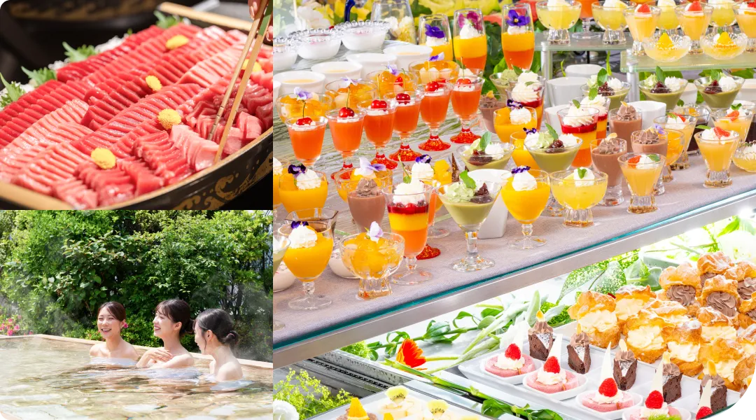 写真:ブッフェ・温泉に入る女性達