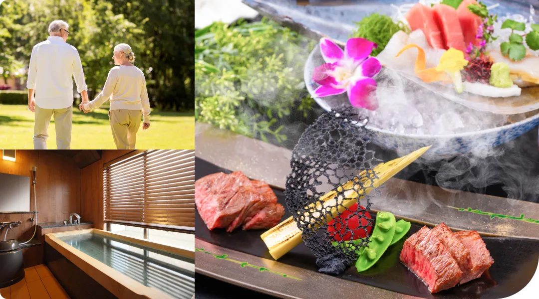 写真:手を繋ぐ夫婦・客室風呂・お食事コース