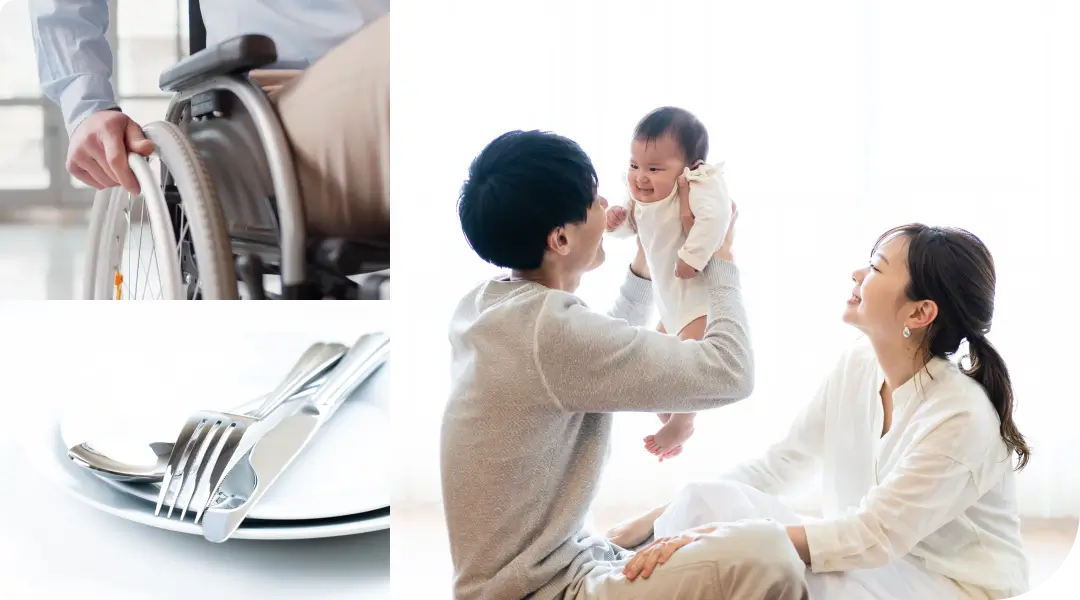 写真:車椅子・食器・親子